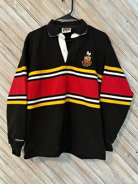 University of Guelph Barbarian Rugby Wear Black Shirt Red & Yellow Stripes